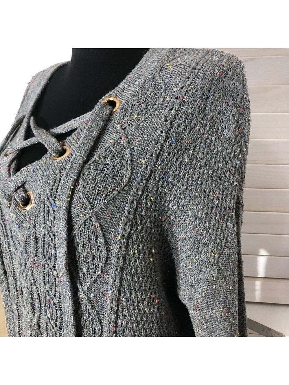 Vintage Y2K sweater dress gray CableKnit Laced V Neck langenlook boho festival S - Picture 6 of 9